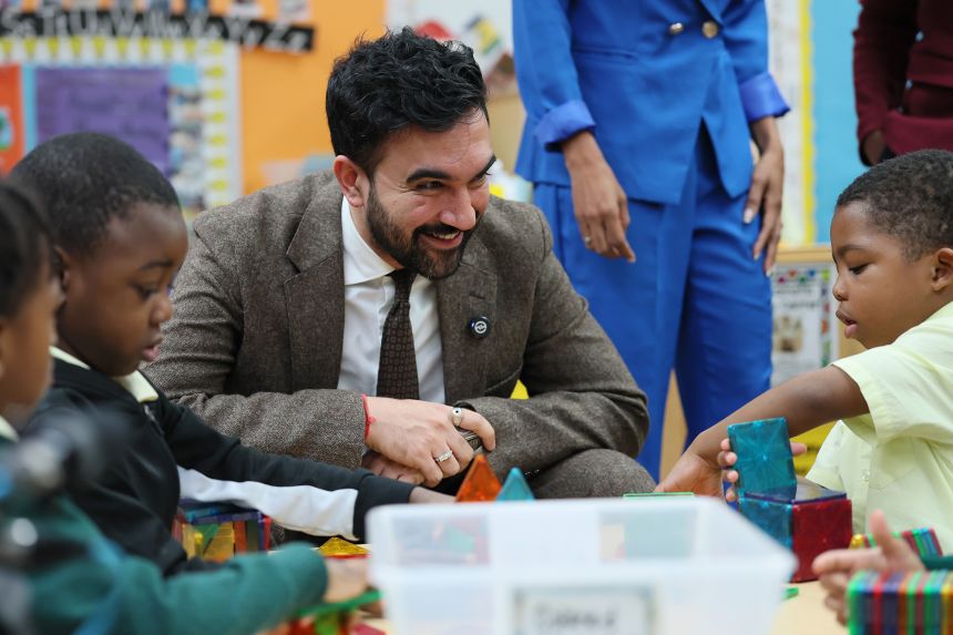 New York City Mayor-elect Zohran Mamdani with pre-K students at an education center in Brooklyn on November 13, 2025.