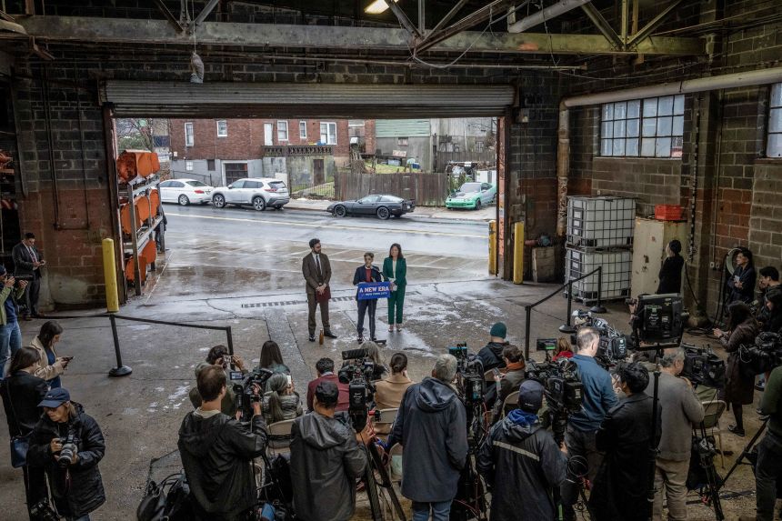 From left: Zohran Mamdani, mayor-elect of New York; Leila Bozorg, incoming deputy mayor for housing and planning; and Julie Su, incoming deputy mayor for economic justice, during an announcement on Staten Island on Friday, December 19.