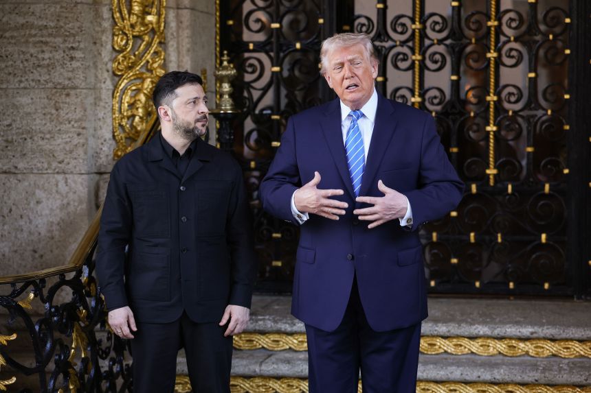 US President Donald Trump greets Ukrainian President Volodymyr Zelensky at his Mar-a-Lago club on December 28, 2025, in Palm Beach, Florida.