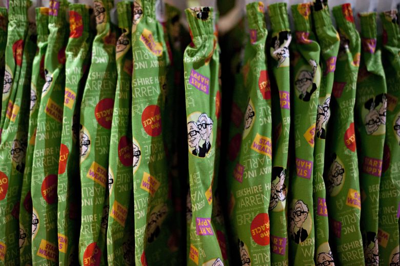 Caricatures of Warren Buffett and Charlie Munger appear on a pair of Fruit of the Loom boxer shorts during the Berkshire Hathaway shareholders meeting in 2014.