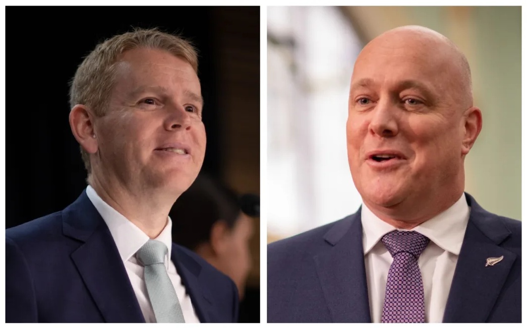 Labour leader Chris Hipkins (L) is preferred prime minister on 45 percent, while National's...