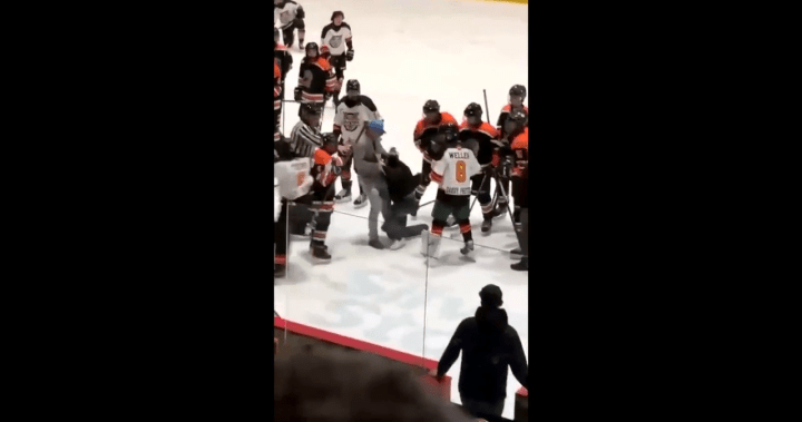 Bench-clearing minor hockey fight, appearing to involve coaches, caught on video