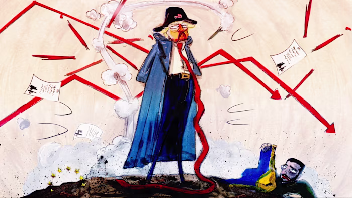 An illustration showing a figure resembling Donald Trump in Napoleonic attire, while a figure resembling Volodymyr Zelenskyy crawls in the mud clutching a Ukrainian flag. Red arrows, smoke, and scattered papers evoke chaos and crisis.