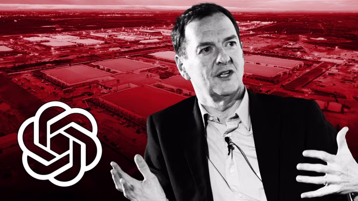 George Osborne gesturing while speaking, with the Stargate AI data center in Abilene, Texas and the OpenAI logo in the foreground.