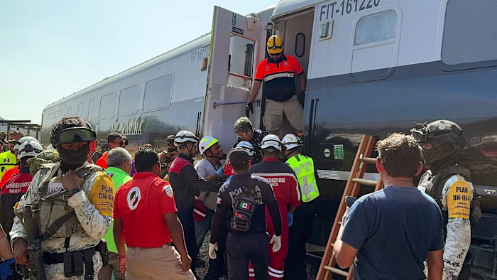 Mexican Army soldiers and Civil Protection members assist passengers as they exit a derailed train using a wooden ladder.