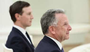 US special envoy Steve Witkoff, right, and President Donald Trump’s son-in-law Jared Kushner attend a meeting with Russia’s president at the Kremlin in Moscow.
