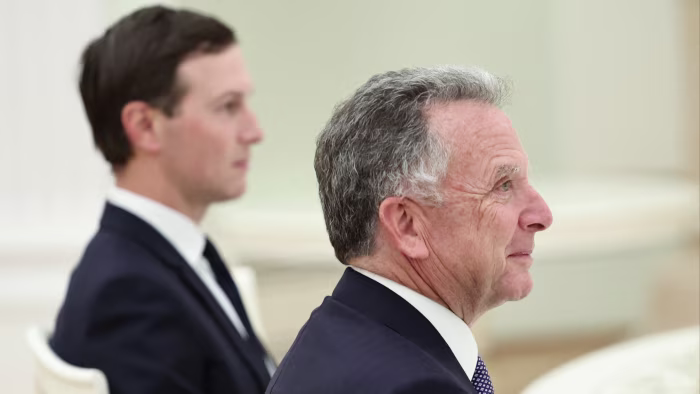 US special envoy Steve Witkoff, right, and President Donald Trump’s son-in-law Jared Kushner attend a meeting with Russia’s president at the Kremlin in Moscow.