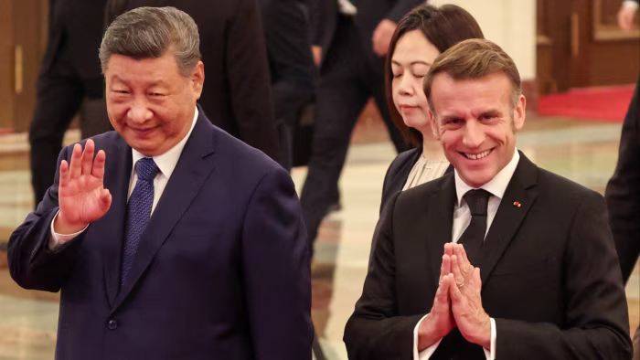 China’s President Xi Jinping and France’s President Emmanuel Macron at a welcome ceremony at the Great Hall of the People in Beijing on Thursday