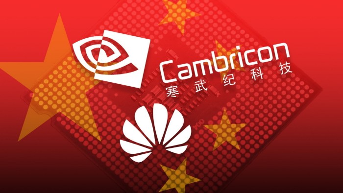 A montage of the logos of Nvidia, Cambricon and Huawei overlaid on a computer chip background with stars from the Chinese flag