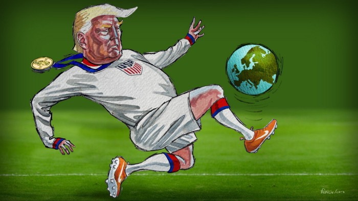 An illustration showing Donald Trump in a soccer uniform juggling a football designed as a globe with Europe prominently visible.