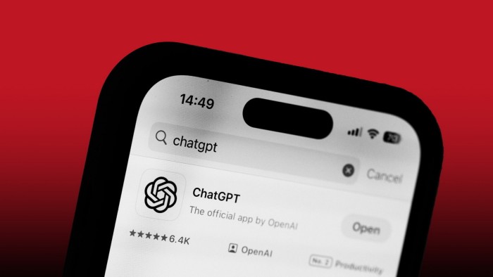 The screen of a smartphone displaying the ChatGPT app by OpenAI in the app store search results.