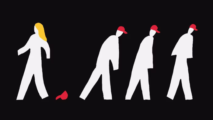 An illustration showing three figures wearing red caps in a line, with a fourth figure with long yellow hair walking away, having dropped a red cap.