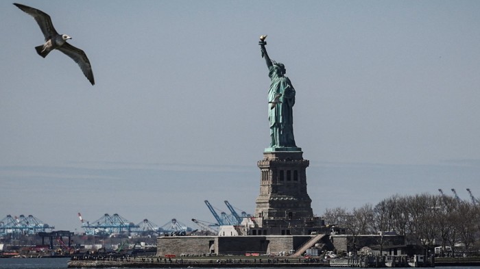 The Statue of Liberty stands on its pedestal with a seagull flying nearby and cranes visible in the distant background.
