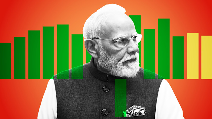Montage of Narendra Modi in front of a bar chart