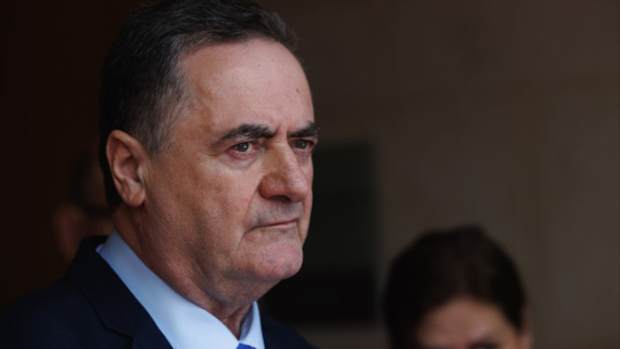Israel Katz appears in close-up, looking serious ahead of a meeting in Jerusalem.