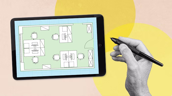 Montage image of a tablet showing a blueprint of an office, and a hand holding a stylus ready to draw