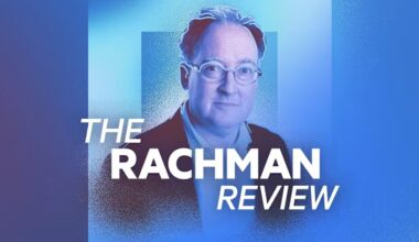 Artwork for the Rachman Review podcast featuring host Gideon Rachman and the show title in white text against a blurred blue background and layered squares