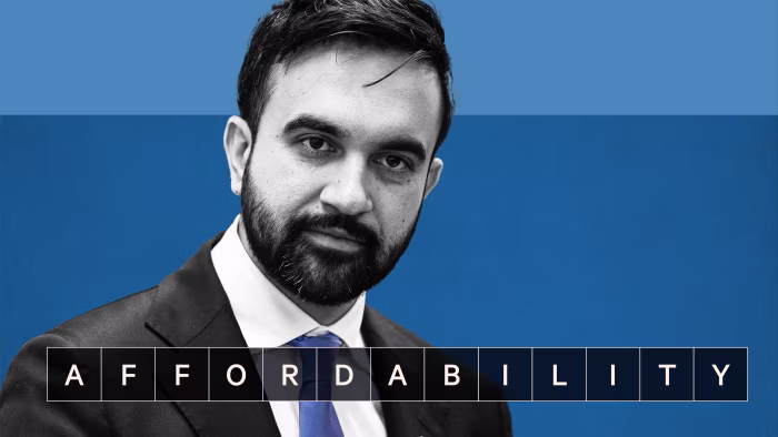 Montage image of tiles reading ‘Affordability’ and Zohran Mamdani