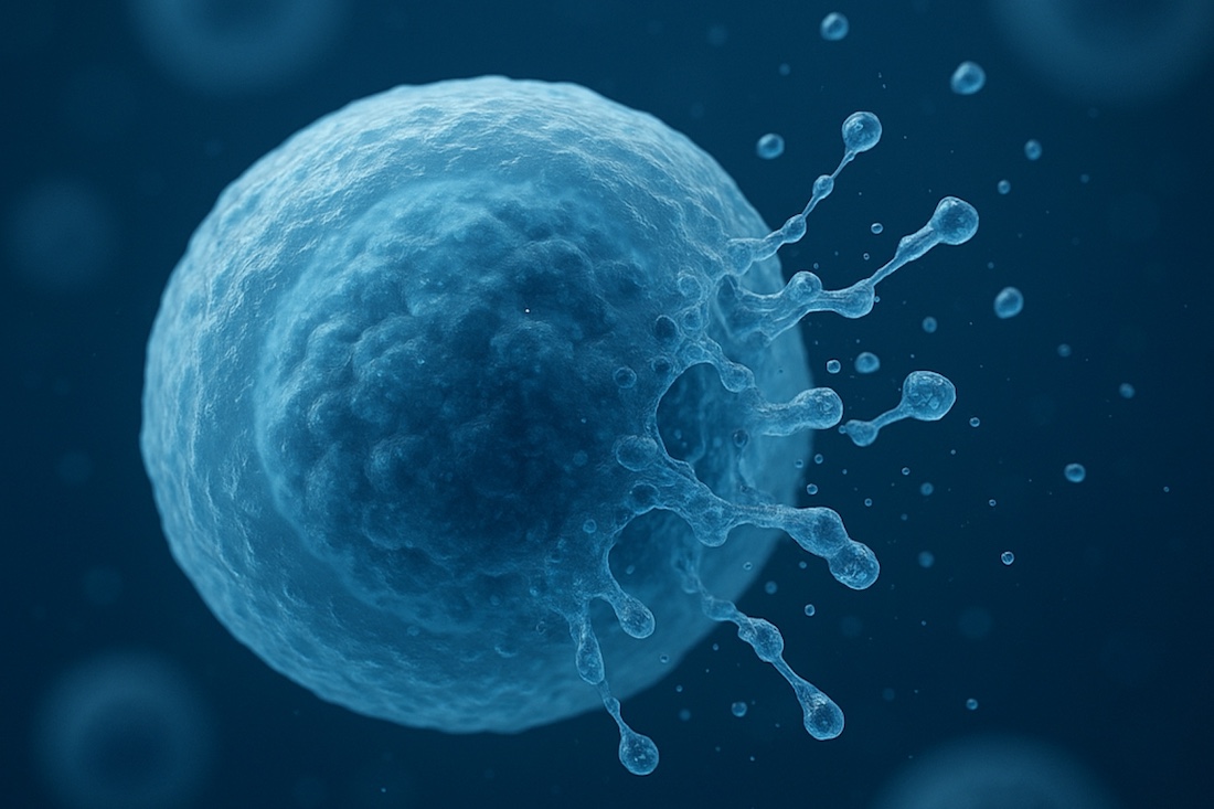 A human cell undergoing plasma membrane rupture during necroptotic cell death