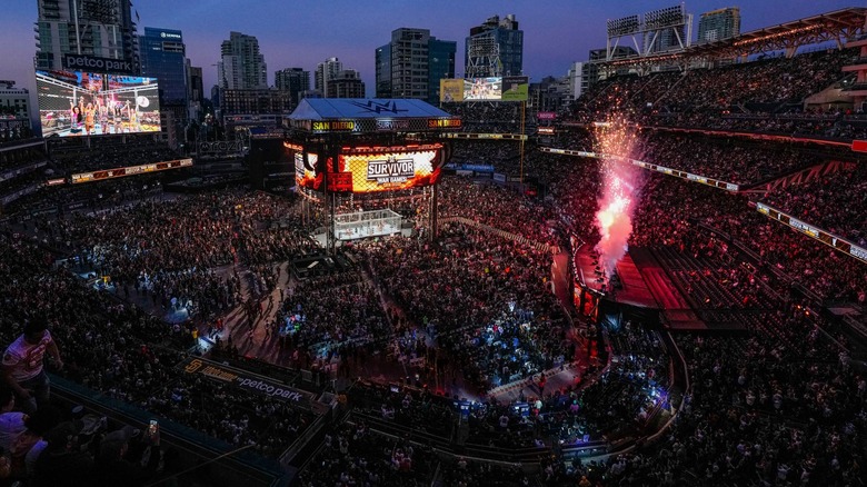 The Survivor Series crowd celebrates the end of the Women's War Games Match