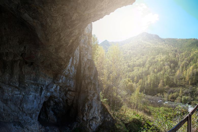 The view from Denisova Cave in the Altai Mountains of southern Siberia.