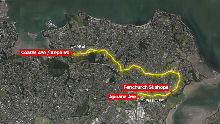 Map showing location of attacks on the number 76 bus in Auckland 
