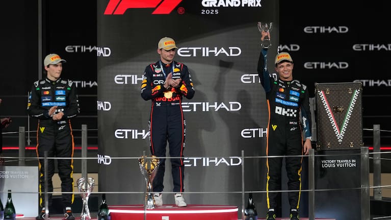 McLaren driver Lando Norris of Britain celebrates after becoming a world champion after the Formula One Abu Dhabi Grand Prix.