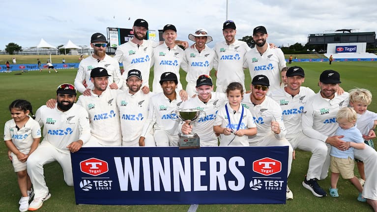 New Zealand celebrate their series victory over the West Indies.