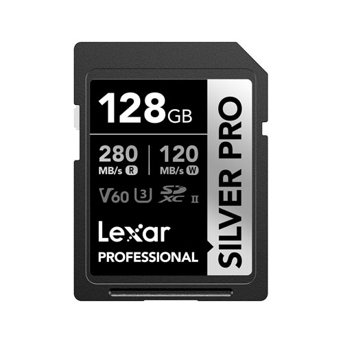 A Lexar 128GB Professional SILVER PRO SD Card on a white background.