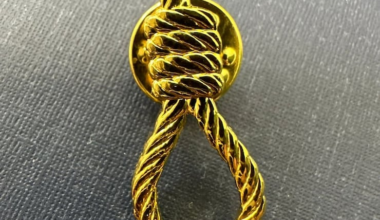 A close-up of the noose lapel pin worn by far right members of the Israeli Knesset to hearings on the proposed death penalty bill.