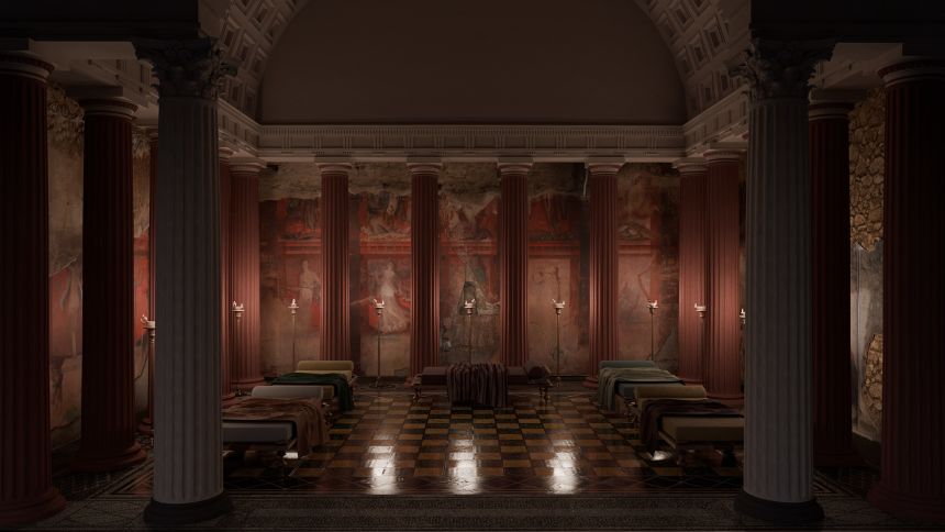 A digital rendering depicts one of the lavish rooms that has been excavated in the Casa del Tiaso.
