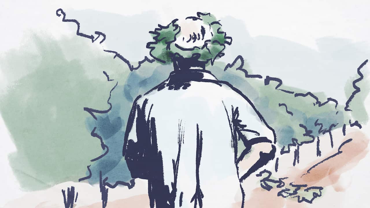 A watercolour illustration depicting a man standing in a vineyard with a makeshift crown of vine leaves wrapped around his head.