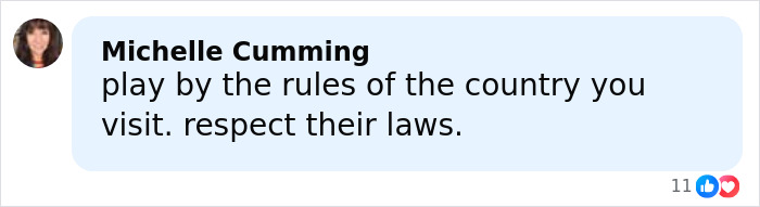 Comment by Michelle Cumming discussing respecting laws while traveling, related to Bonnie Blue arrest news.