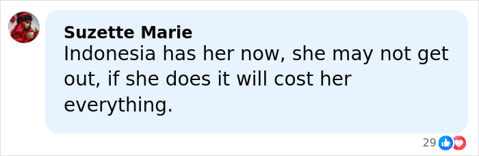 Comment from Suzette Marie expressing concern about Bonnie Blue's arrest and consequences in Indonesia.