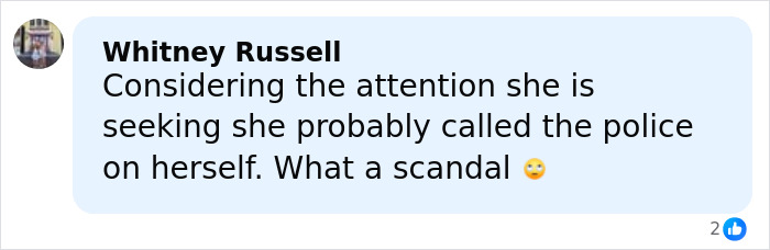 Comment by Whitney Russell reacting to Bonnie Blue's arrest with skepticism and calling it a scandal.