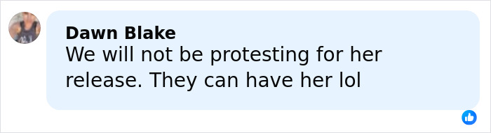 Facebook comment by Dawn Blake stating refusal to protest for Bonnie Blue's release, reflecting adult star Annie Knight's brutal response.