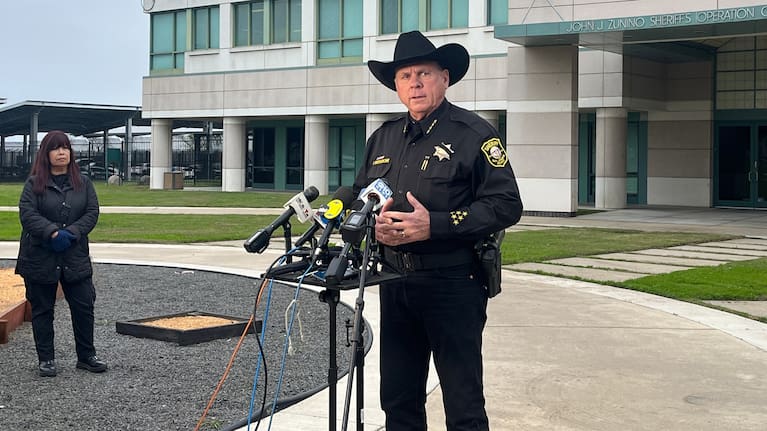 San Joaquin County Sheriff Patrick Withrow speaks to the press outside of the sheriff’s office in French Camp.