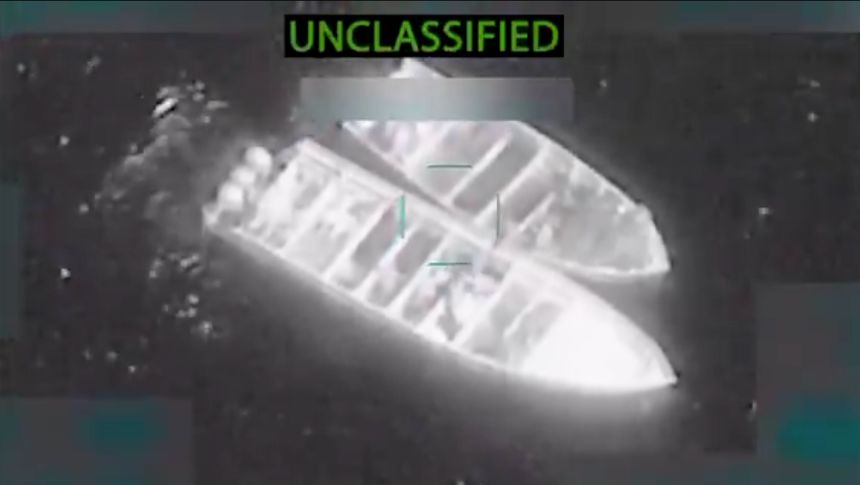 This screengrab taken from a video posted by Defense Secretary Pete Hegseth, shows two boats shortly before they are struck by a missile, in the Eastern Pacific on October 27, 2025. In his post, Hegseth said that US military forces struck these boats and two others, killing 14 people and leaving one survivor.