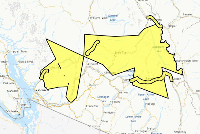 Yellow area shows regions under snowfall warning,