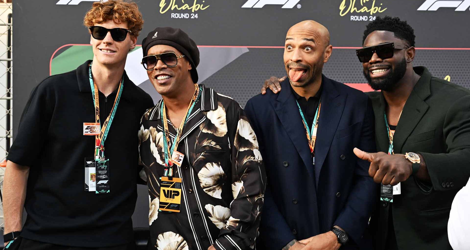 Jannik Sinner with Ronaldinho, Thierry Henry and Micah Richards on Sunday in Abu Dhabi.