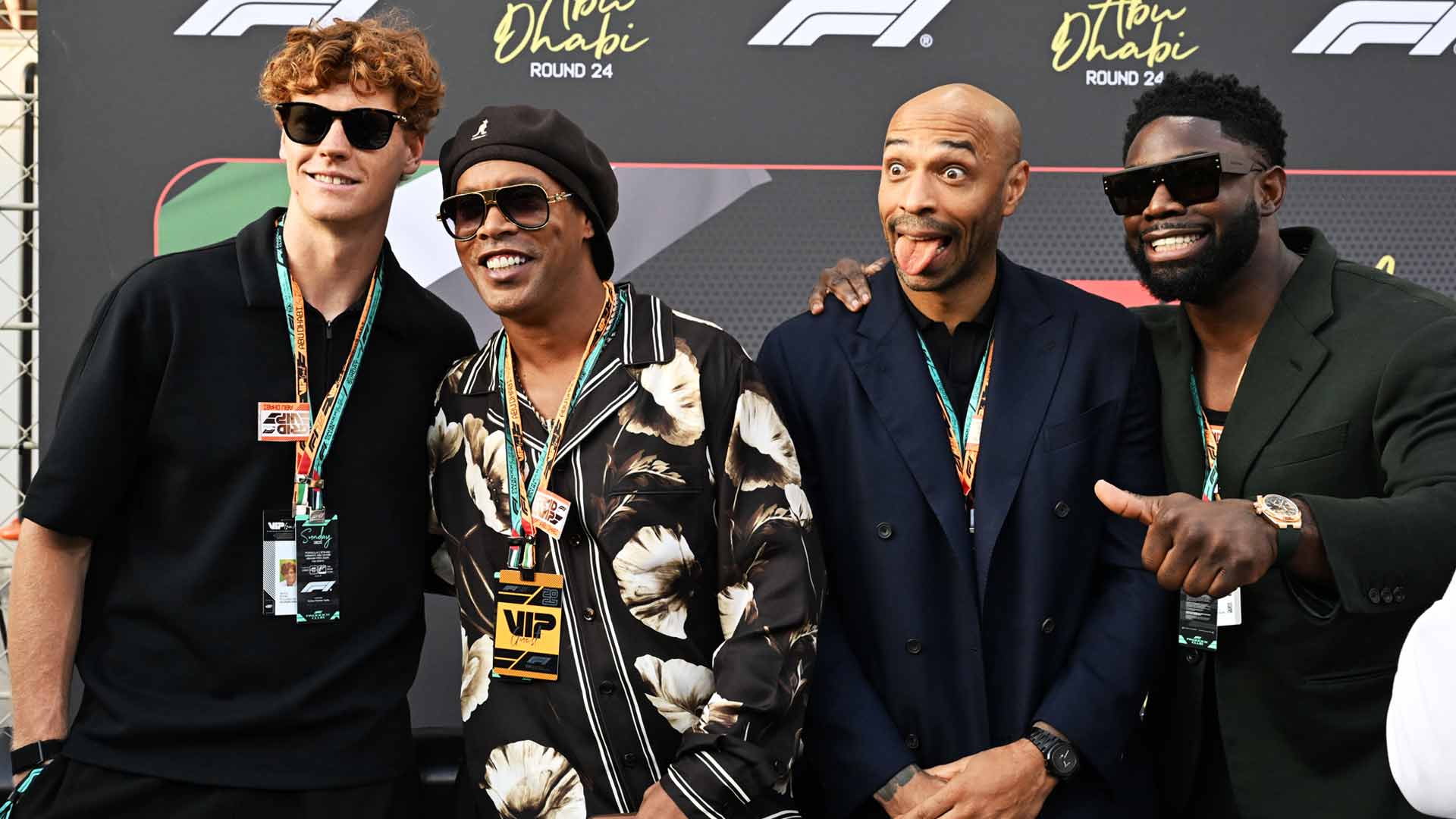 Jannik Sinner with Ronaldinho, Thierry Henry and Micah Richards on Sunday in Abu Dhabi.