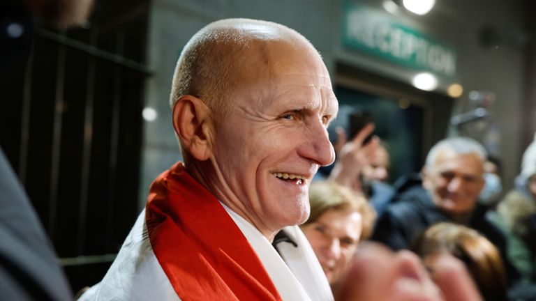 Nobel Peace Prize laureate Ales Bialiatski arrives in Lithuania after his release by Belarusian authorities. Pic: AP