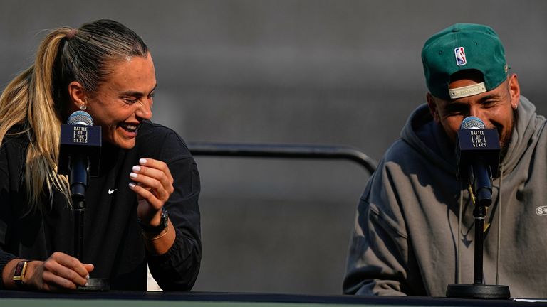 Aryna Sabalenka and Nick Kyrgios at a press conference. Pic: AP