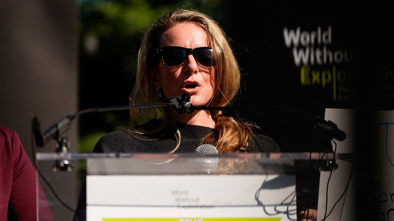 Ashley Rubright speaks at a rally in support of Epstein victims. Pic: Reuters