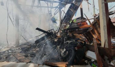 A damaged house after what Thai soldiers said was a Cambodian artillery strike. Pic: AP