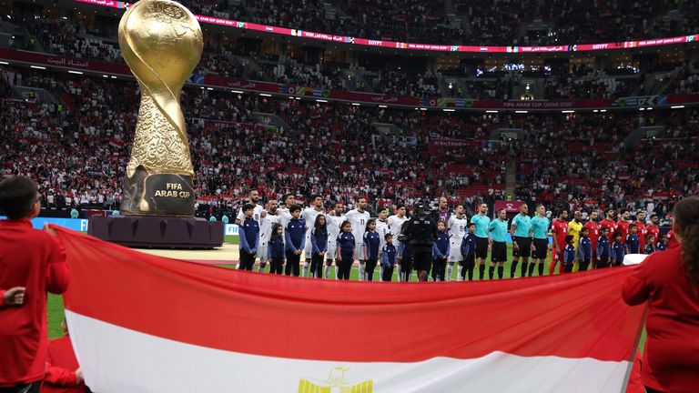 The Egypt players line up during the national anthems before the match against Jordan. Pic: Reuters