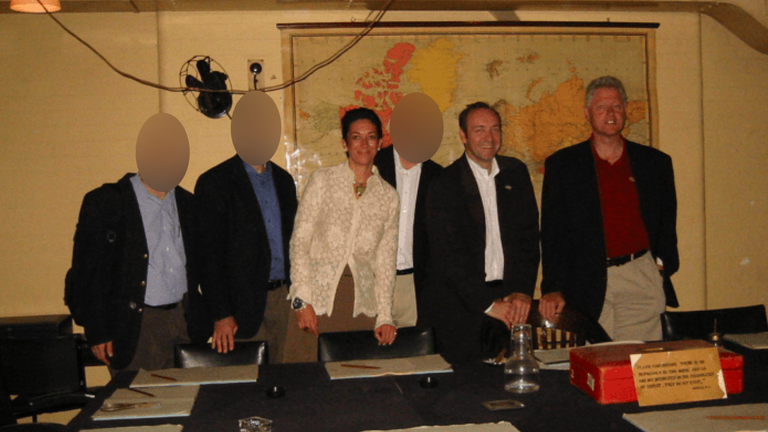 (L-R) Ghislaine Maxwell, Kevin Spacey and Bill Clinton, with three other men. Pic: US DoJ