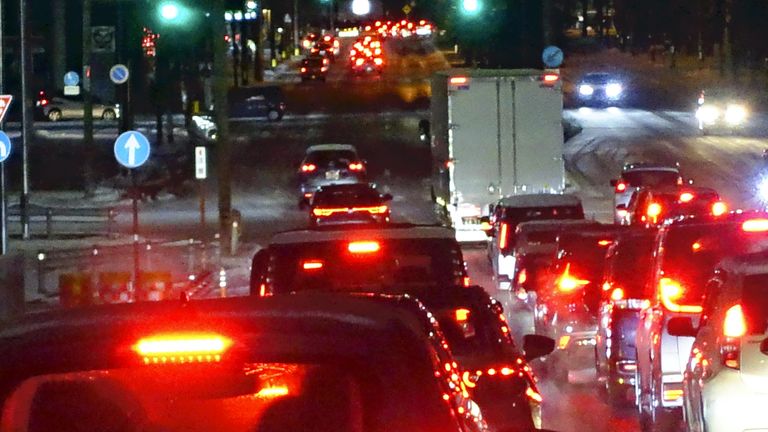 A road is congested with cars heading for higher ground in Tomakomai City December 8, 2025 after a magnitude 7.6 earthquake. Pics: AP