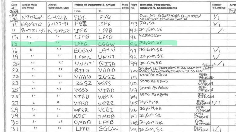 A flight log from the Epstein files