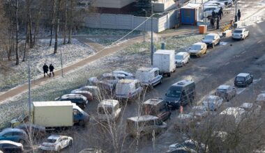 Officers at the scene where two police officers and another person were killed. Pic: Reuters/Ramil Sitdikov